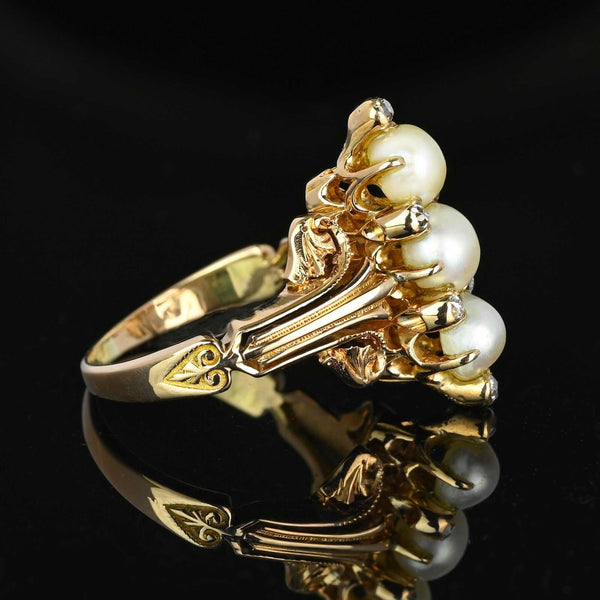 Antique Mine Cut Diamond Three Stone Pearl Ring in 14K Gold - Boylerpf