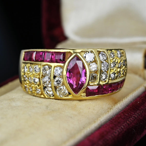 Wide 18K Gold Diamond Marquise Ruby Ring Band - Boylerpf