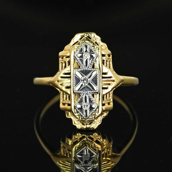 Art Deco Two Tone Gold Filigree Diamond Dinner Ring - Boylerpf