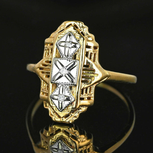 Art Deco Two Tone Gold Filigree Diamond Dinner Ring - Boylerpf