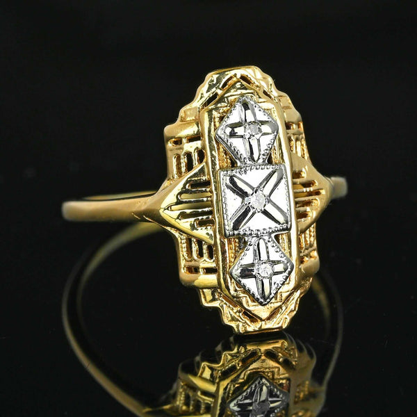 Art Deco Two Tone Gold Filigree Diamond Dinner Ring - Boylerpf