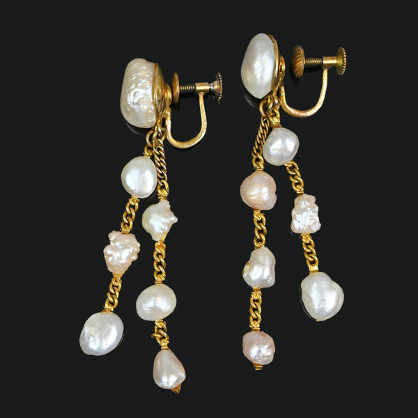 Vintage 14K Gold Natural Pearl Dangle Earrings