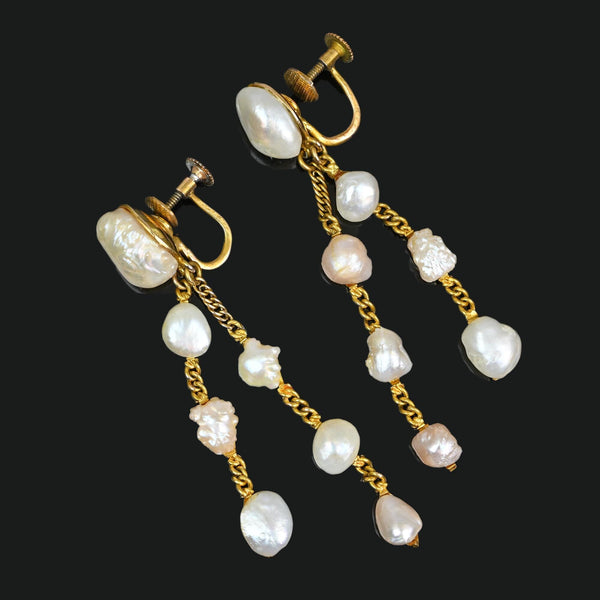 Vintage 14K Gold Natural Pearl Dangle Earrings