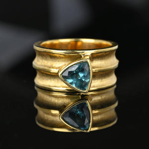 Wide 14K Gold Band Trillion Cut Blue Tourmaline Ring - Boylerpf