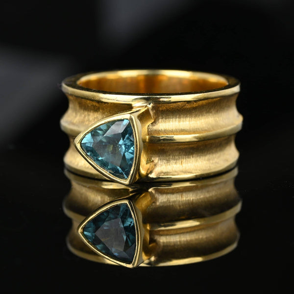 Wide 14K Gold Band Trillion Cut Blue Tourmaline Ring - Boylerpf