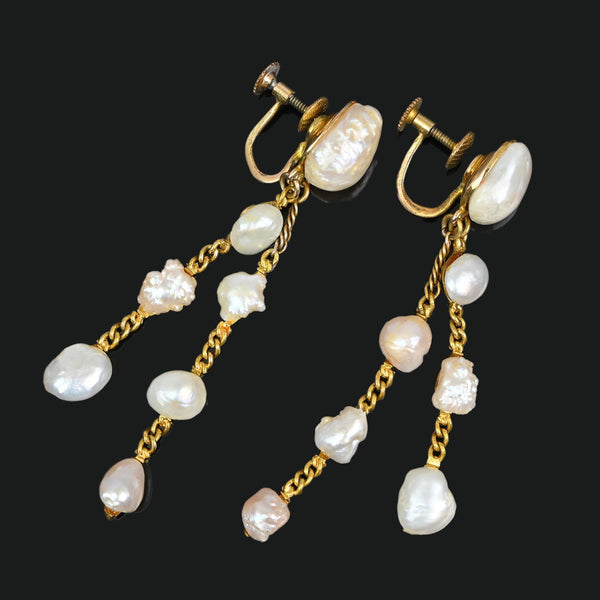 Vintage 14K Gold Natural Pearl Dangle Earrings