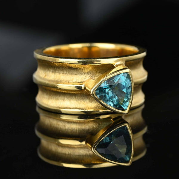 Wide 14K Gold Band Trillion Cut Blue Tourmaline Ring - Boylerpf