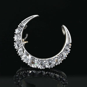 Victorian Silver Diamond Paste Crescent Moon Brooch Pendant - Boylerpf