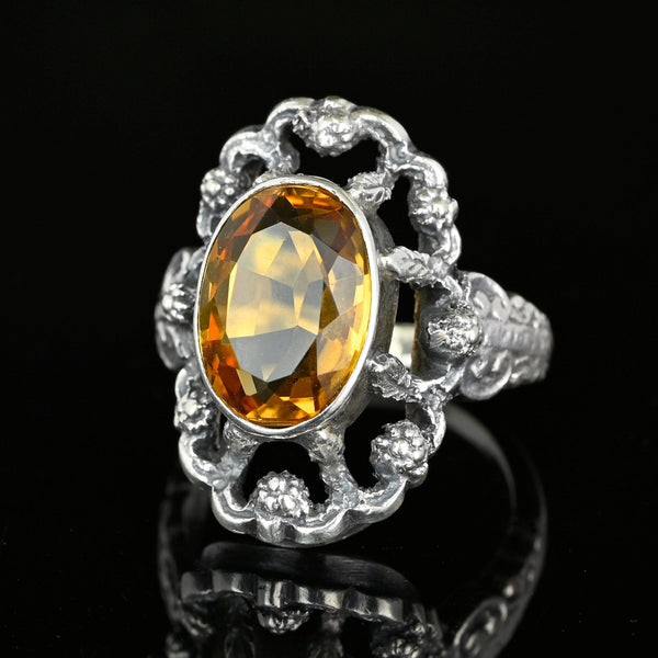 Arts & Crafts Flower and Leaf Silver Citrine Ring - Boylerpf