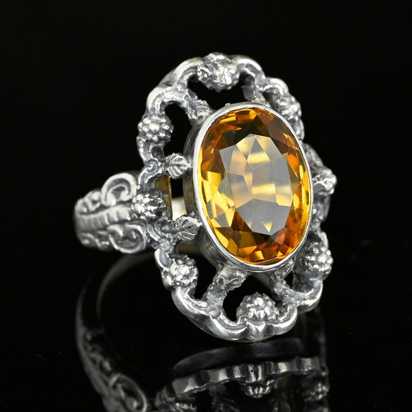 Arts & Crafts Flower and Leaf Silver Citrine Ring - Boylerpf