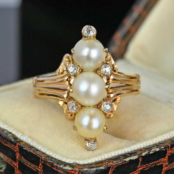 Antique Mine Cut Diamond Three Stone Pearl Ring in 14K Gold - Boylerpf