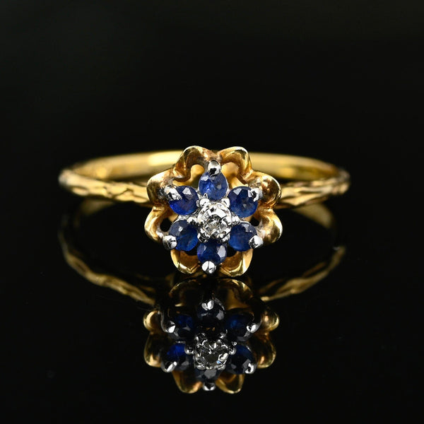 Vintage 14K Gold Diamond Blue Sapphire Flower Ring