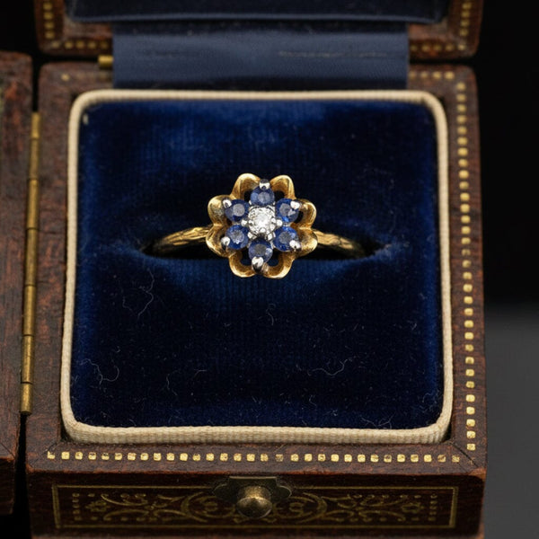 Vintage 14K Gold Diamond Blue Sapphire Flower Ring