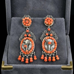 Vintage Mexican Silver Coral Filigree Chandelier Earrings - Boylerpf
