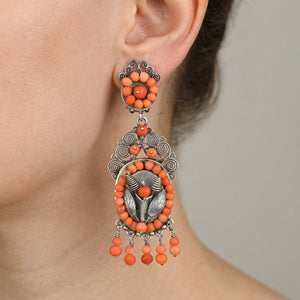 Vintage Mexican Silver Coral Filigree Chandelier Earrings - Boylerpf