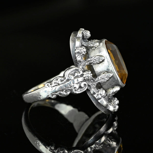 Arts & Crafts Flower and Leaf Silver Citrine Ring - Boylerpf