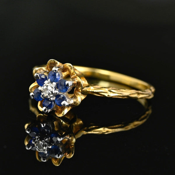 Vintage 14K Gold Diamond Blue Sapphire Flower Ring