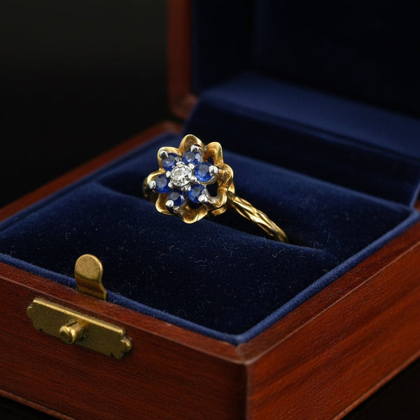 Vintage 14K Gold Diamond Blue Sapphire Flower Ring