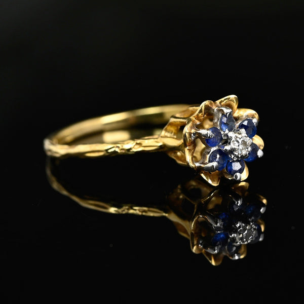 Vintage 14K Gold Diamond Blue Sapphire Flower Ring