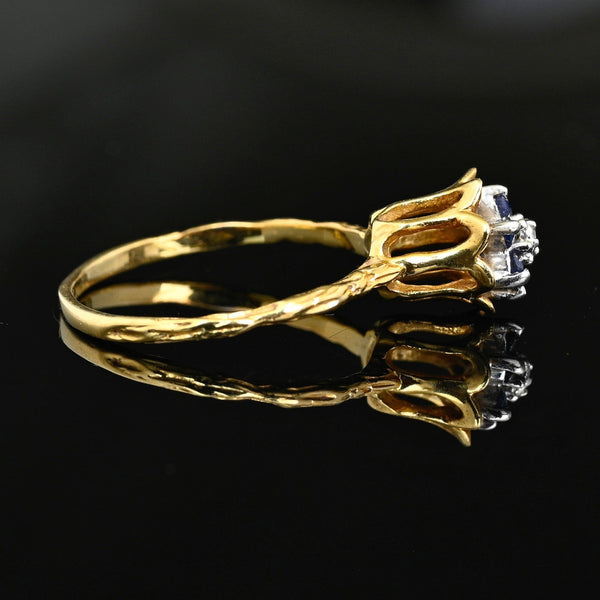Vintage 14K Gold Diamond Blue Sapphire Flower Ring
