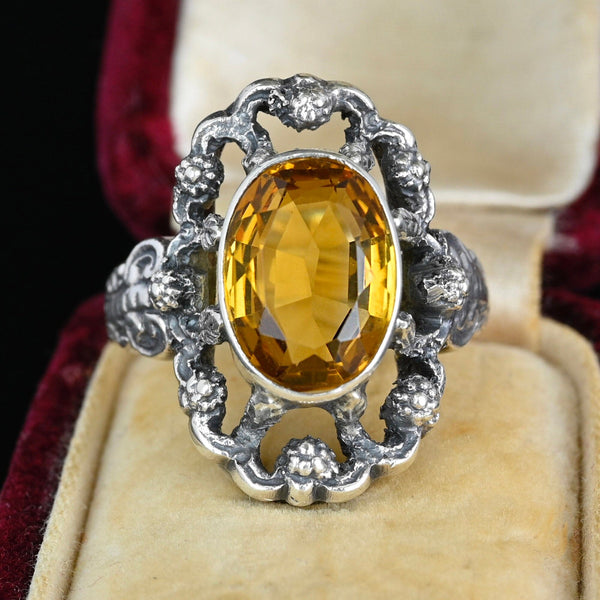 Arts & Crafts Flower and Leaf Silver Citrine Ring - Boylerpf