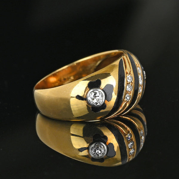 Antique 14K Gold Black Enamel Clover Diamond Ring Band - Boylerpf