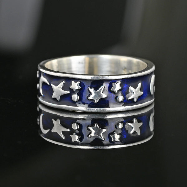 Silver Blue Enamel Star and Moon Ring Band - Boylerpf