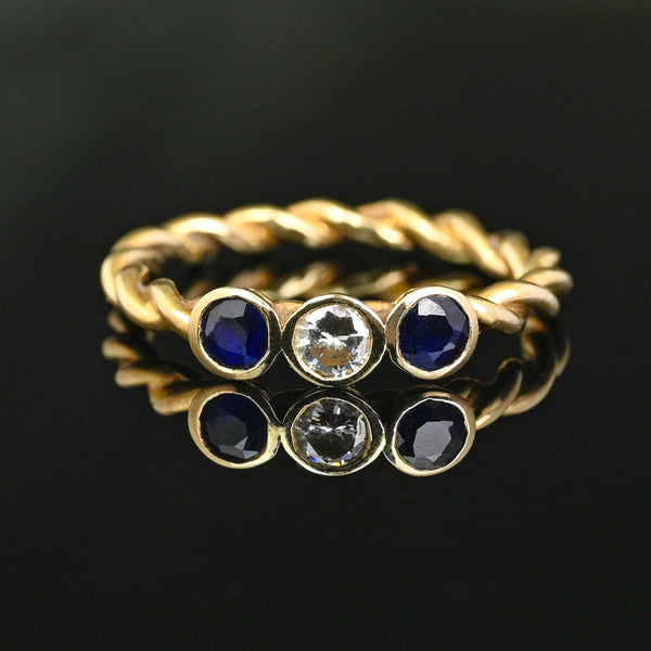 Vintage 14K Gold Diamond & Sapphire Three Stone Ring
