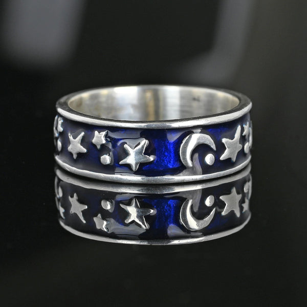 Silver Blue Enamel Star and Moon Ring Band - Boylerpf