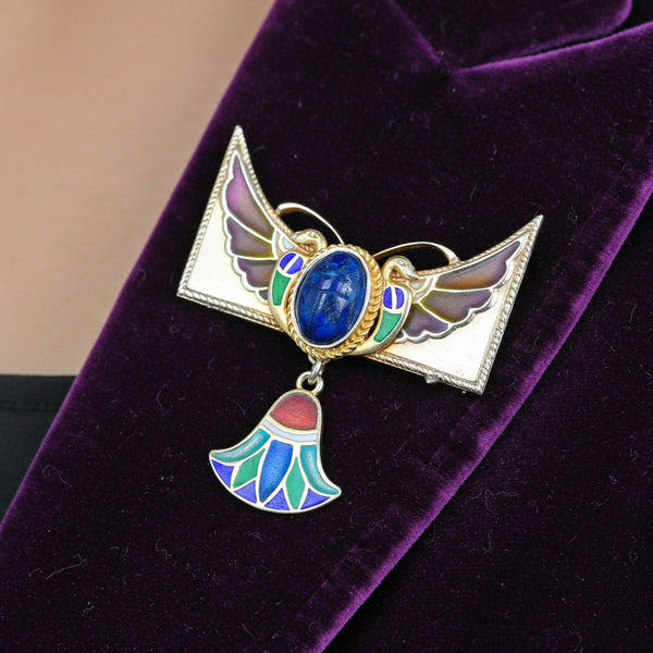 Art Nouveau Egyptian Revival Plique à Jour Winged Scarab Brooch - Boylerpf