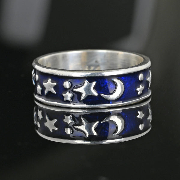 Silver Blue Enamel Star and Moon Ring Band - Boylerpf