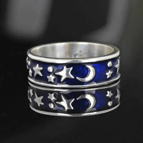 Silver Blue Enamel Star and Moon Ring Band - Boylerpf