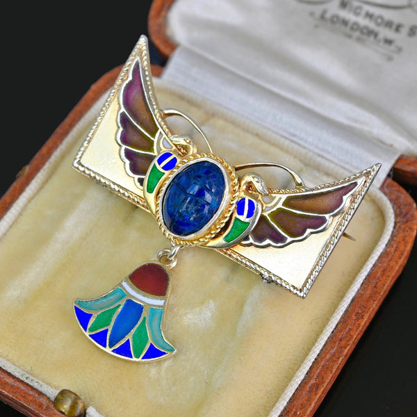 Art Nouveau Egyptian Revival Plique à Jour Winged Scarab Brooch - Boylerpf