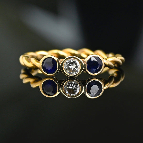 Vintage 14K Gold Diamond & Sapphire Three Stone Ring