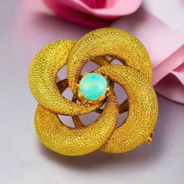 Antique 18K Gold Lovers Knot Opal Brooch Pendant - Boylerpf