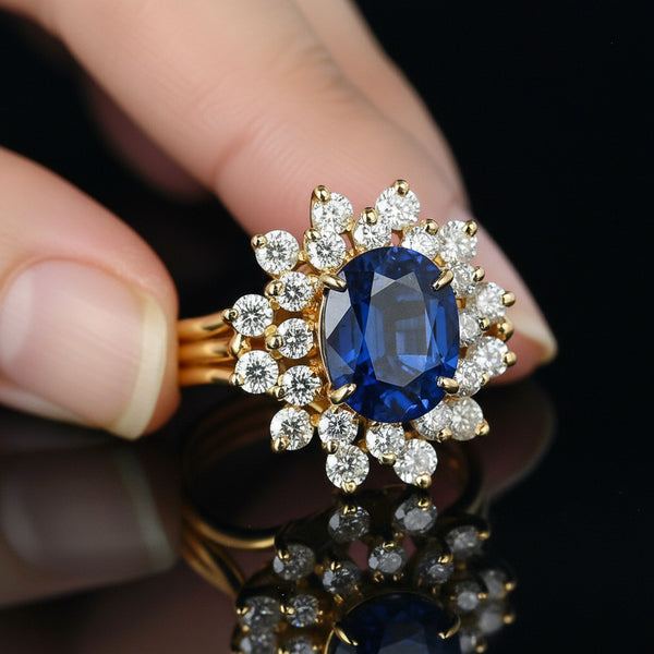 Vintage 14K Gold Double Halo Diamond Sapphire Ring - Boylerpf