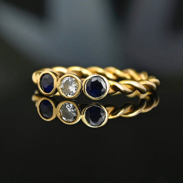 Vintage 14K Gold Diamond & Sapphire Three Stone Ring