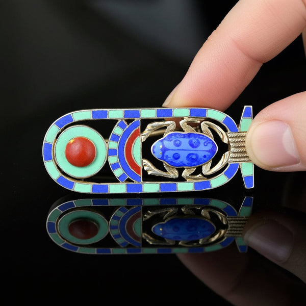 Antique Silver Enamel Egyptian Revival Scarab Brooch - Boylerpf