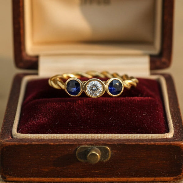 Vintage 14K Gold Diamond & Sapphire Three Stone Ring