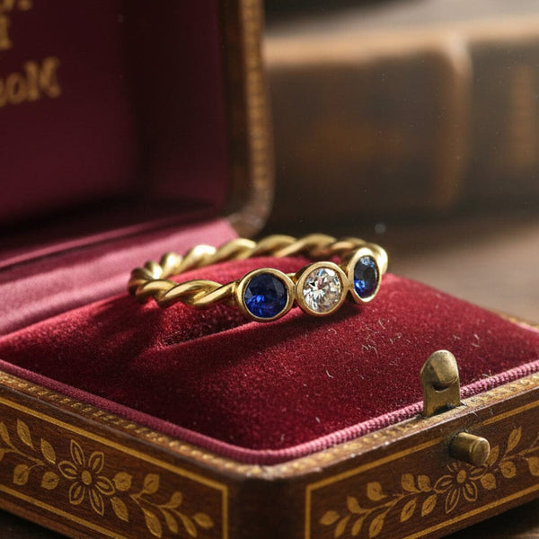 Vintage 14K Gold Diamond & Sapphire Three Stone Ring