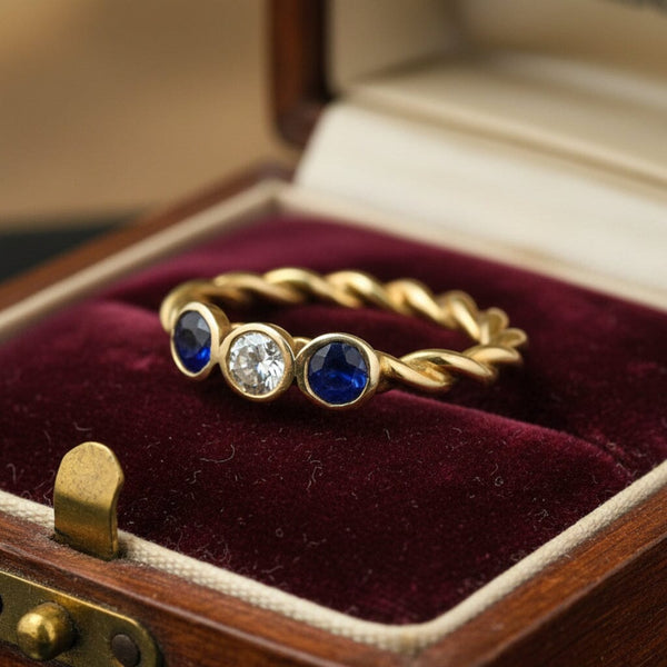 Vintage 14K Gold Diamond & Sapphire Three Stone Ring
