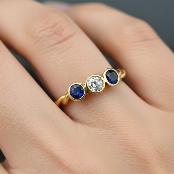 Vintage 14K Gold Diamond & Sapphire Three Stone Ring