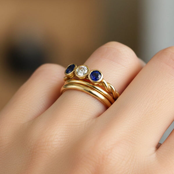 Vintage 14K Gold Diamond & Sapphire Three Stone Ring