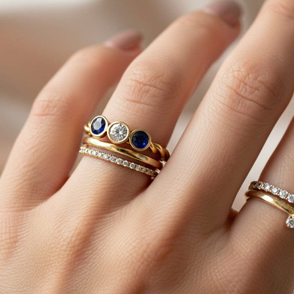 Vintage 14K Gold Diamond & Sapphire Three Stone Ring