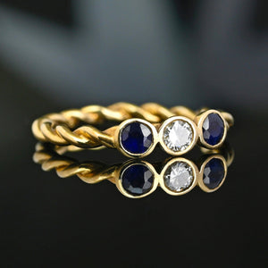 Vintage 14K Gold Diamond & Sapphire Three Stone Ring - Boylerpf