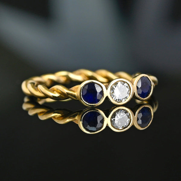 Vintage 14K Gold Diamond & Sapphire Three Stone Ring