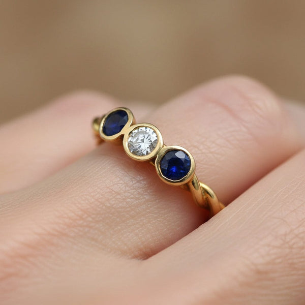 Vintage 14K Gold Diamond & Sapphire Three Stone Ring