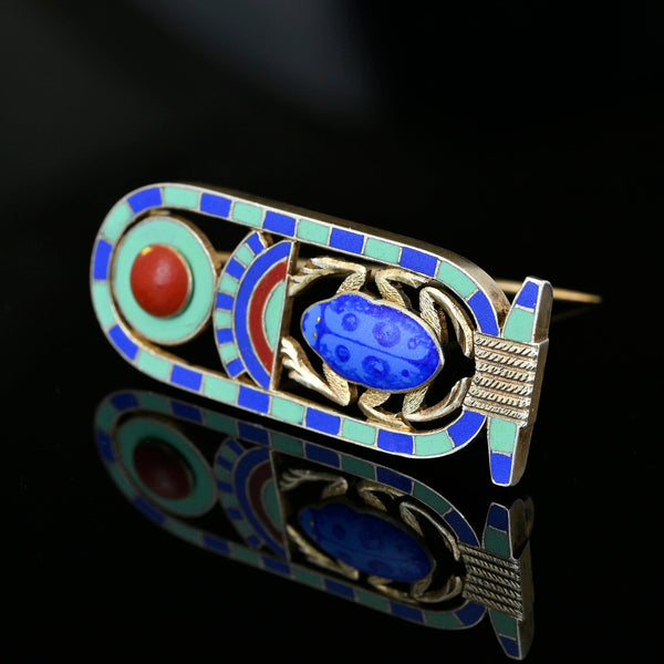 Antique Silver Enamel Egyptian Revival Scarab Brooch - Boylerpf