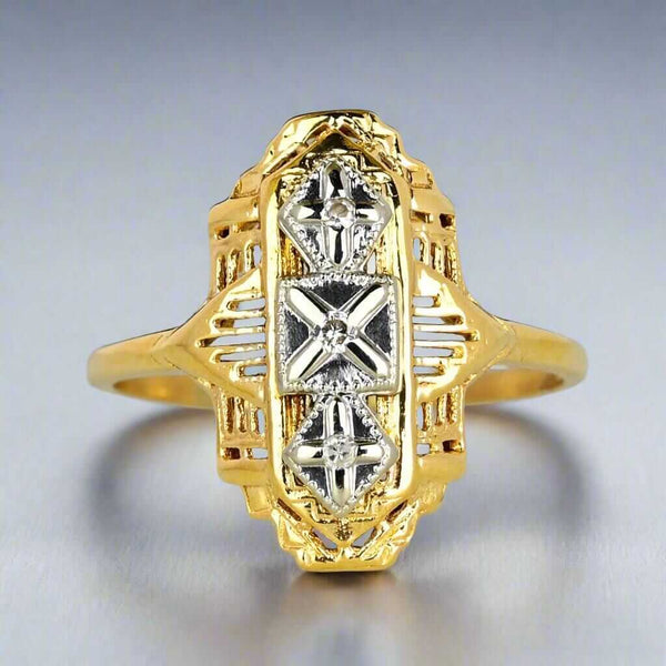 Art Deco Two Tone Gold Filigree Diamond Dinner Ring - Boylerpf