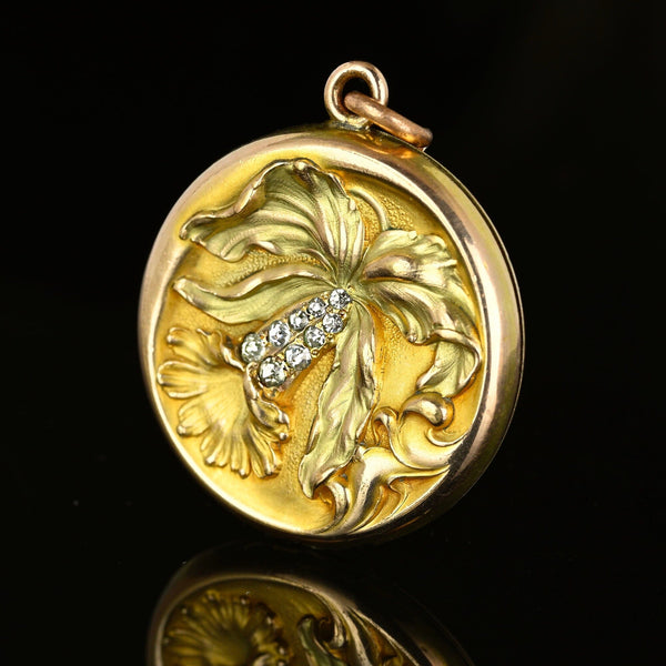 Antique Art Nouveau Bluebell Flower Paste Gold Filled Locket - Boylerpf